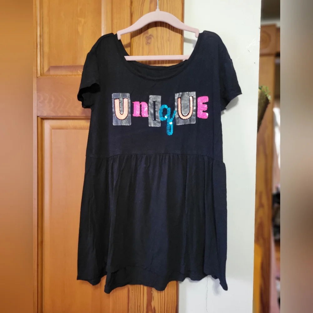 Justice Girls Black 'Unique' Short Sleeve Tunic Top with Colorful Sequin Letters